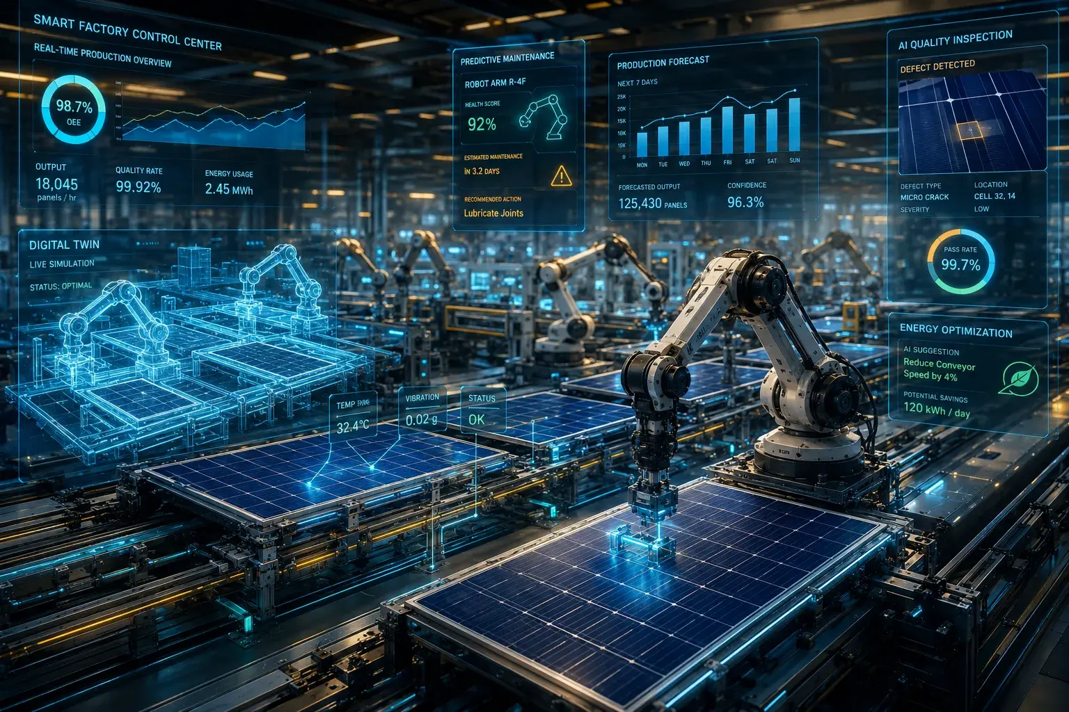 Smart ERP Solar Industry dashboard showing production KPIs, inventory and supply chain